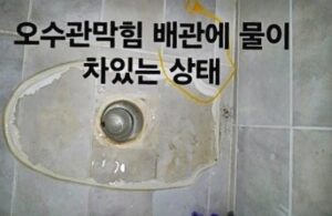 오수관막힘 배관에 물이 차있는 상태